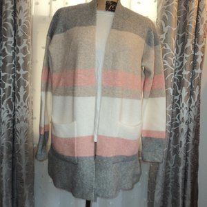 Loft Waffle Weave Horizontal Stripe Pocket Open Cardigan Sweater